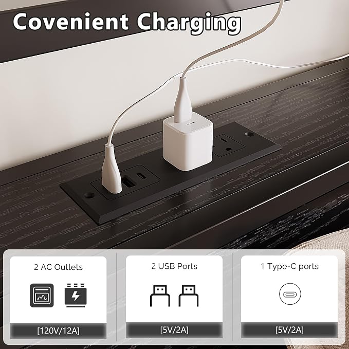 VINGLI Metal Bed Frame King with 4 Drawers and Storage Headboard, Platform with Charging Station and LED Lights, No Box Spring Needed, Noise Free, Easy Assembly, Black