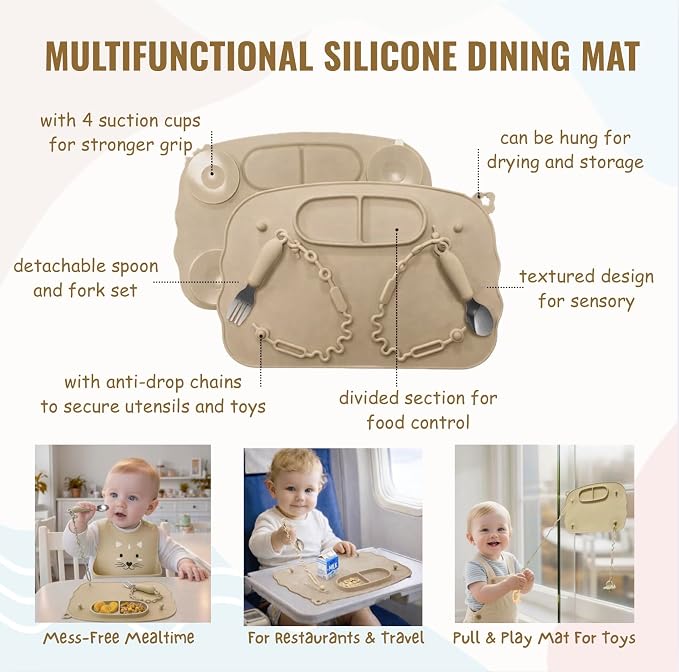 MONDE 25PCS Ultimate Silicone Baby Feeding Set, Complete Mealtime Baby-Led Weaning Essentials From Infant To Toddler, Bib, Smock, Sippy Cup, Dry Wet Bag, Placemat, Perfect Premium Gift Set (Beige)