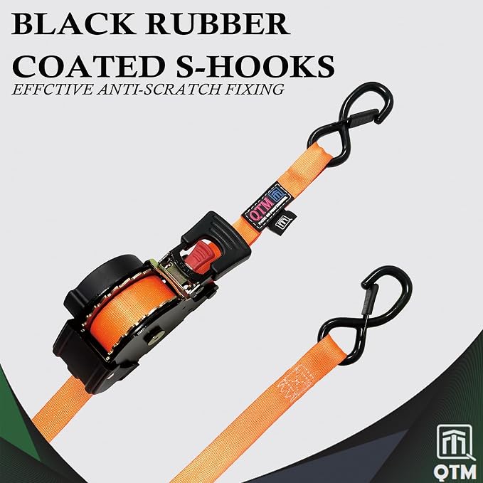 QTM Retractable Ratchet Straps 4-Pack Orange, Heavy Duty 1" x 10ft with Soft Loops & Stainless Steel Spring, 2000lb Breaking Strength for Truck, Trailer, Motorcycle Cargo