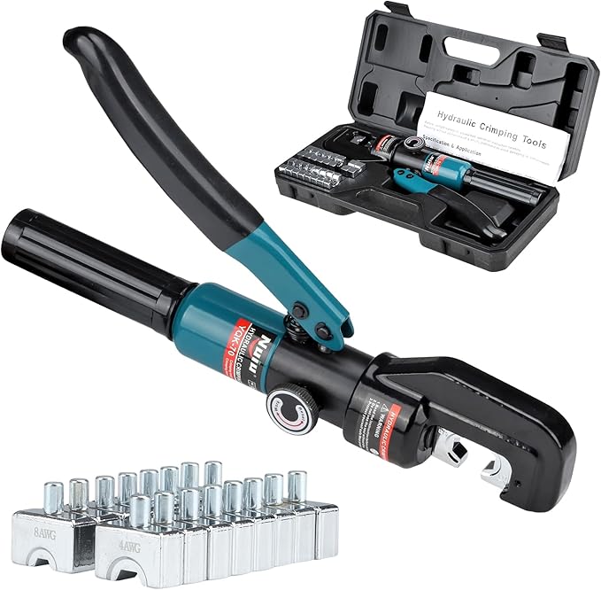YQK-70 Hydraulic Crimper 6T, Wire Crimper Tool for Battery Cable Terminals 4-70mm² (12 AWG to 2/0 AWG) with 8PCS Hex Dies, 10mm Stroke, 180° Swivel Head - Professional Electrician Crimper (Blue)