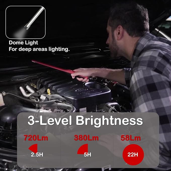SCI Rechargeable LED Slim Work Light, 3 Lighting Modes (720Lm) 3350mAh Portable Inspection Light, Magnetic Base & Hanging Hook, Car Repairing/Mechanics/Emergency/Camping (928A), Fathers'/Dads' Gift