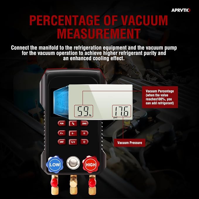 HVAC Manifold Gauge Set with 93 Refrigerants, Aprvtio AMF-300 with 3000 PSI Hoses & Dual Temperature Clamps, AC Refrigerant Gauges for Automotive & Residential Systems R134a R22 R12 R410A
