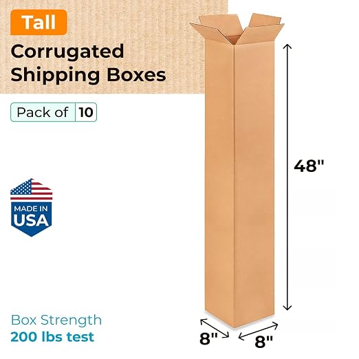 Tall Moving & Shipping Boxes 8x8x48 inches (10-Pack) - Extra Strength 200 lb vs Regular - USA-Made Corrugated Moving Boxes for USPS/UPS/FEDEX - Packing Box - Moving Cardboard Box by IDL Packaging