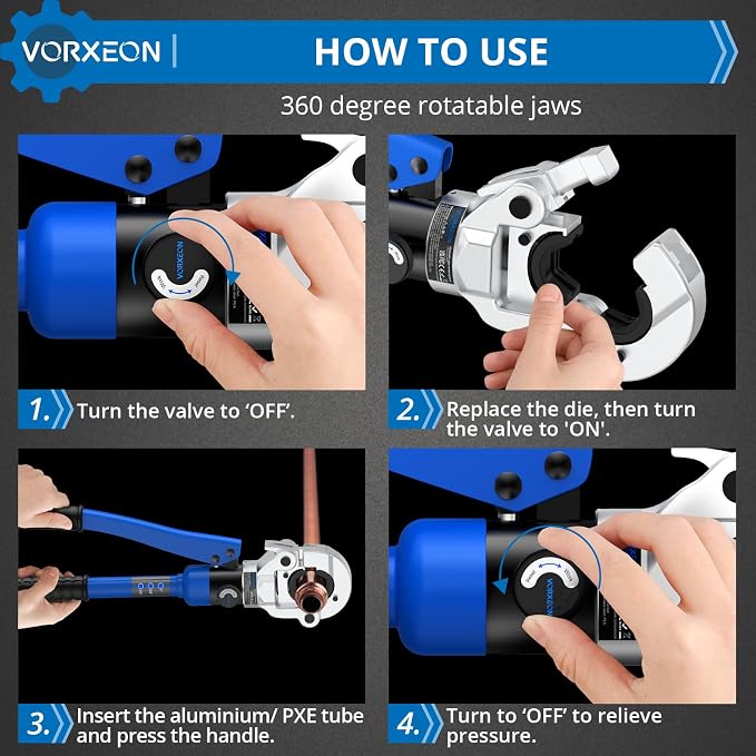 Hydraulic Copper pipe crimper with pipe cutter, Propress tool Vus Dies 1/2", 3/4", 1" With 360° Rotating head For Copper tube, Carbon/Stainless steel Pipes, With Durable Storage Case