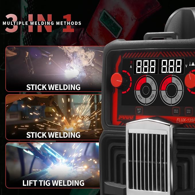 135Amp 110V MIG Welder,Flux Core MIG/Lift TIG/Stick 3-in-1 Multiprocess Welder,IGBT Inverter Large LED Digital Display Welding Machine(BLACK)