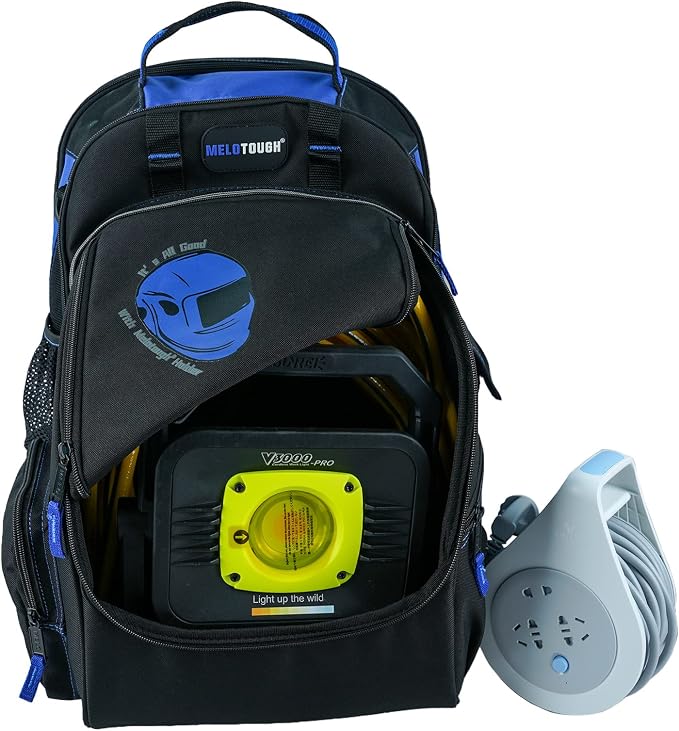 MELOTOUGH Electrician Tool Bag Welding Tool Backpack with Helmet Catch Heavy Duty Tool Organizer Bag for Electrician, Carpenter,Tradesman,Construction,HVAC,Welder (Blue)
