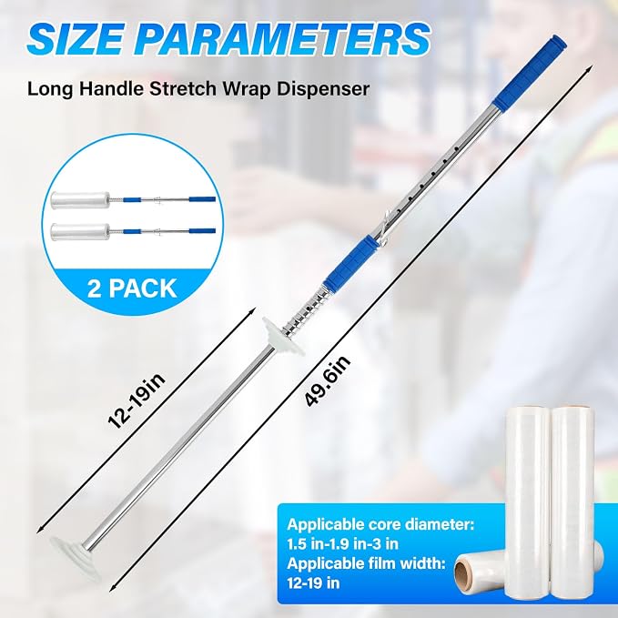 2-Pack Stretch Wrap Dispenser丨48 Inch Long Handle Pallet Wrap Tool丨Fits 12"-19" Film Rolls with 1.5"-3" Core丨Heavy Duty Aluminum Stretch Film Holder for Warehouse Shipping Packaging（Film Not Included）