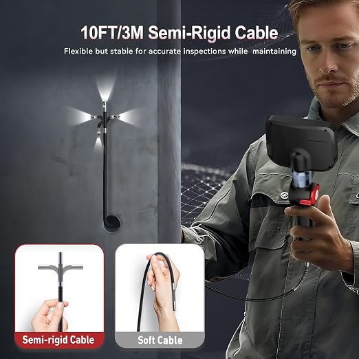 RALCAM Dual Lens Articulating Borescope, 10FT Semi-Rigid Inspection Camera with 5" HD Screen, 8.5mm Slim Waterproof Probe, Two-Way Endoscope Camera with Light for Automotive, HVAC, Pipes