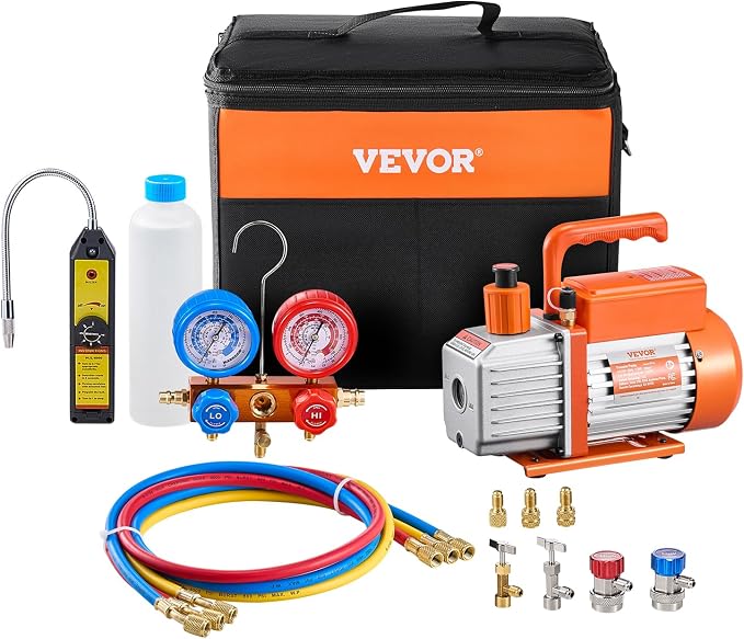 VEVOR 4.5 CFM AC Vacuum Pump and Gauge Set, Single Stage Rotary Vane HVAC Air Vacuum Pump, A/C Refrigerant Manifold Gauge Kit, with Leak Detector Hoses, for R134a, R12, R22, R502a, R410A, R404, R407C