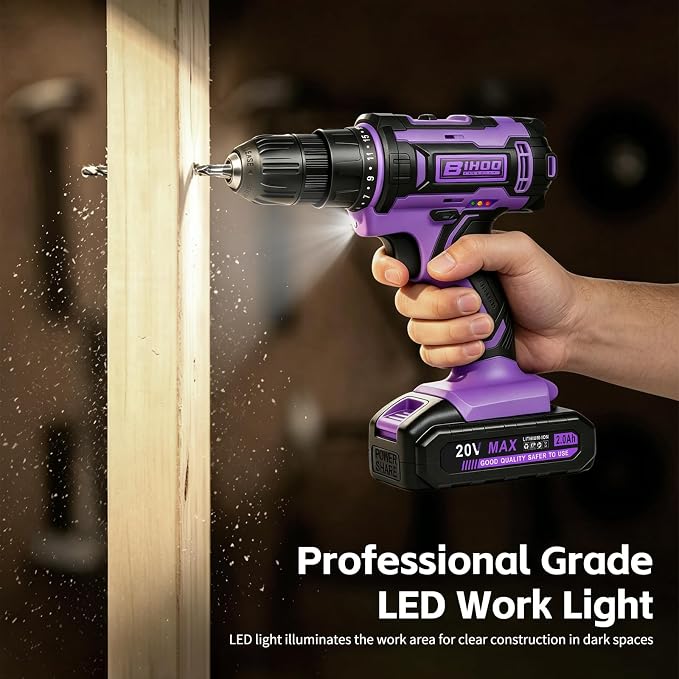 Purple Cordless Drill Set,20V Drill Driver with Battery and Charger,3/8-Inch Keyless Chuck, Variable Speed,with Drills Bits Set