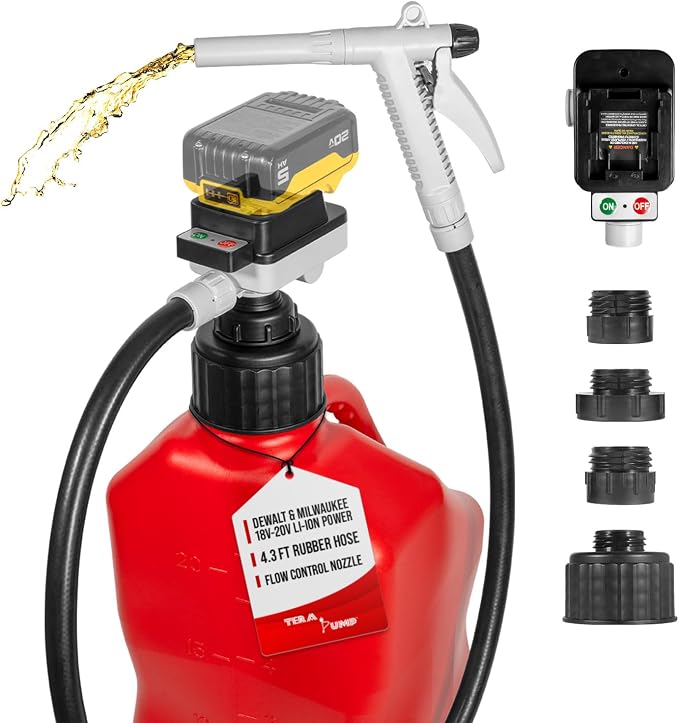 TERA PUMP Battery Powered Liquid Transfer Pump (4.0 GPM) – Cordless Pump Compatible with DeWalt 20V & Milwaukee 18V Batteries, Manual Nozzle, 51” Heavy-Duty Rubber Hose, Includes 4 Adapters