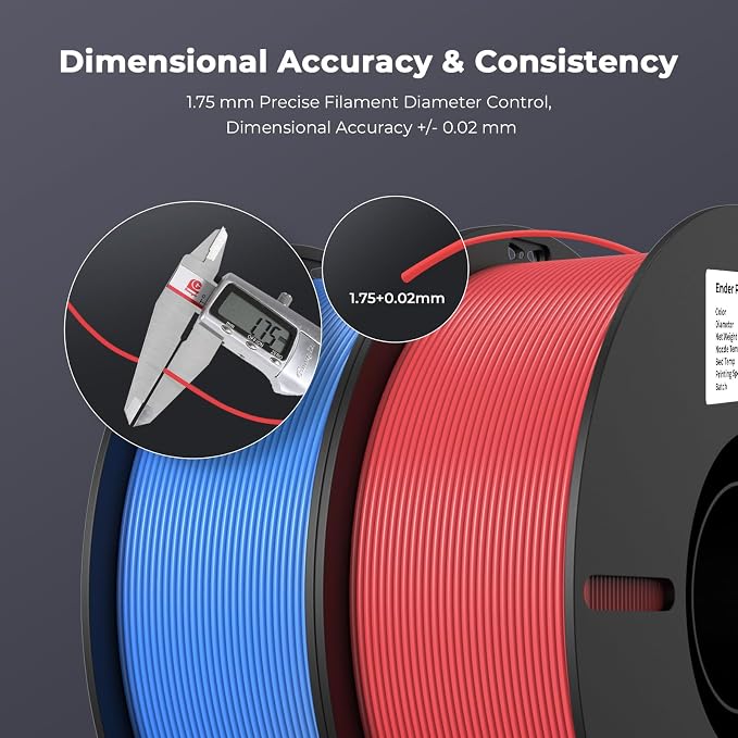 Creality PLA Filament 1.75mm Bundle 2KG, High Precision +/-0.02mm 3D Printer Filament, Consistent Extrusion, Smooth Printing, 2 Pack 1KG Spool,Fits for Most FDM 3D Printers(Red, Blue)