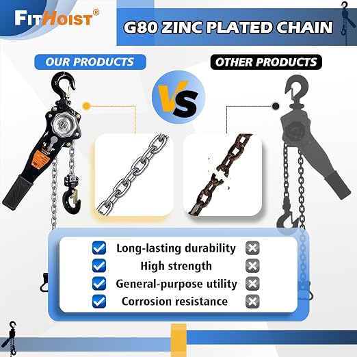 1 Ton Chain Hoist 2200LBS Capacity 10Ft Lift Manual Lever Chain Hoist Manganese Steel G80 Chain w/ 2 Heavy Duty Hooks, for Open-Air and Confined Space Lifting