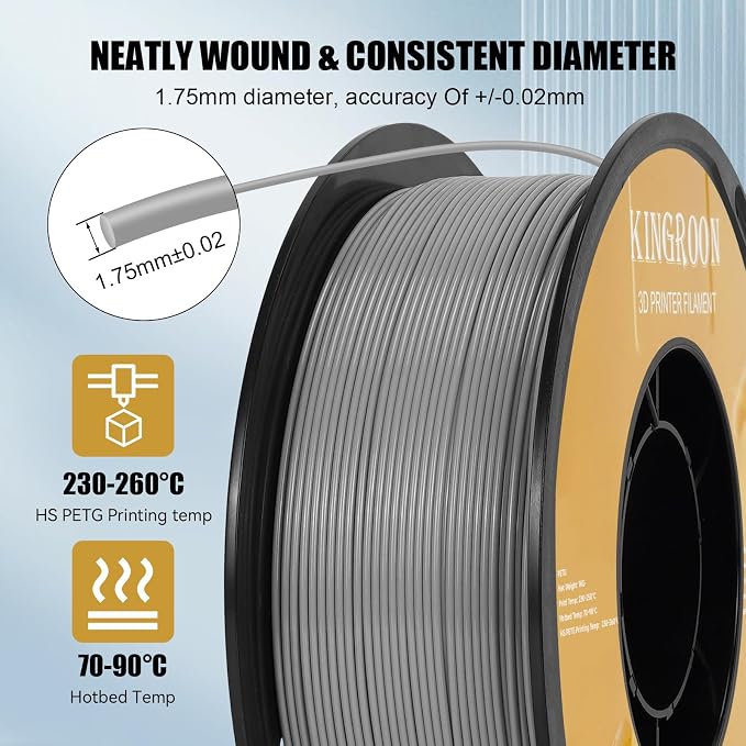 Kingroon High Speed PETG 3D Printer Filament 1.75mm, 3D Printer Rapid Filament for 30-600mm/s Hyper Printing Filament, Dimensional Accuracy +/- 0.03 mm, 1kg Plastic Spool(2.2lbs) (Gray)