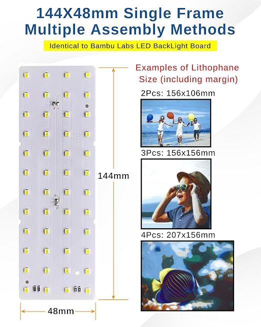 Lithophane LED Backlight Board Kit for BambuLab Sunlu CMYK Monochrome Filament 3D Printed Lithophane, 6500K White Light Kit, Adjustable Brightness, Powered via USB-C, 144x48mm, Flexibility DIY, 5 Pack