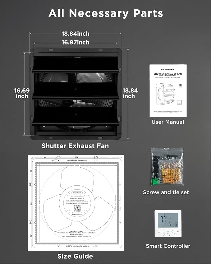 InoKraft Shutter Exhaust Fan with Wireless Control Panel, 16'' Wall Mount Attic Fan with Temperature Controller, 2800 CFM, 8-Speed Adjustable, Ventilation for Attic, Garage, Greenhouse, Chicken Coop