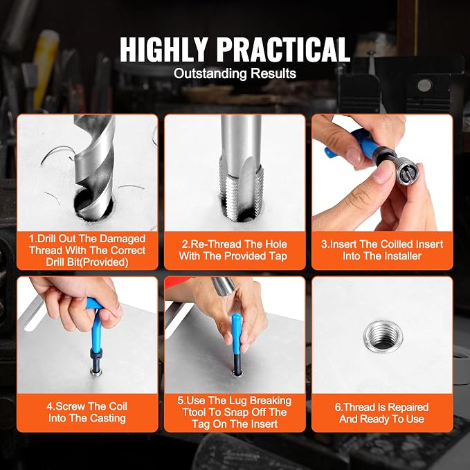 VEVOR Helicoil Thread Repair Kit - 131-Piece SAE HSS Drill Inserts Taps & Tools 1/4" 5/16" 3/8" 7/16" 1/2" UNC Rethreading Tool Kit Insertion Rethreading Tools Universal Rethread Restorer