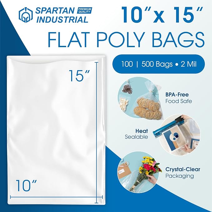 10" X 15" Open-End Flat Poly Bags (100 Count) - 2 Mil Plastic Clear Bags for Packaging, Shipping, Storage - No Adhesive Strip - Spartan Industrial
