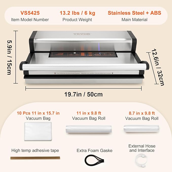 VEVOR Vacuum Sealer Machine, 95Kpa 350W Powerful Dual Pump and Dual Sealing, Dry and Moist Food Storage, Automatic and Manual Air Sealing System with Built-in Cutter, with Seal Bag and External Hose