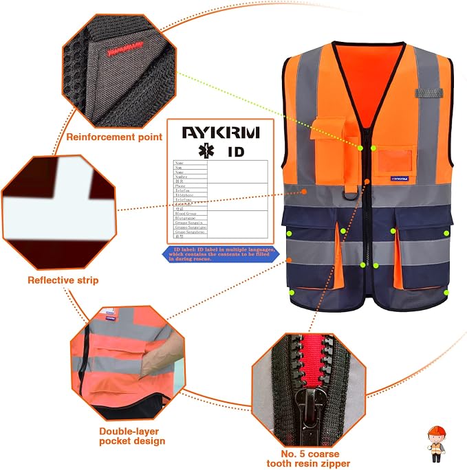 A-SAFETY Hi-Vis Safety Vest, 7 Pockets, Front Zipper, Orange/Navy, 4XL-5XL | Orange/Navy 4XL-5XL safety vest with reinforced pockets, black front zipper and clear ID holder for warehouse logistics.