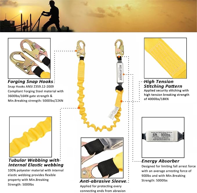 6-Foot Shock Absorber Stretchable Safety Lanyard with Double Snap Hook Connectors ANSI Z359.13-2013 Compliant Fall Protection Equipment