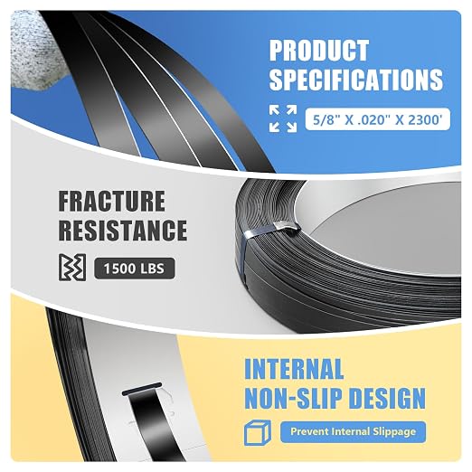5/8" x .020" x 2300' Black Steel Strapping Coil with Steel Roll's Core Painted and Waxed Metal Band for Pallet Banding(1500 lbs Break Strength)