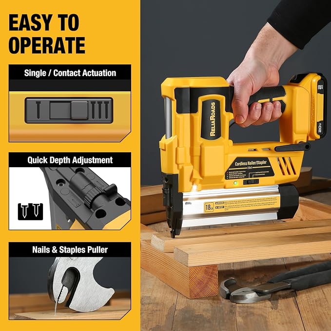 ReliaRoads 2" Cordless Brad Nailer, Patented 18GA 2-in-1 Staple Nail Gun Battery Powered Compatible with DeWalt 20V MAX Battery, Electric Nail Gun with Nails Puller, 1600 Nails (Battery Not Included)