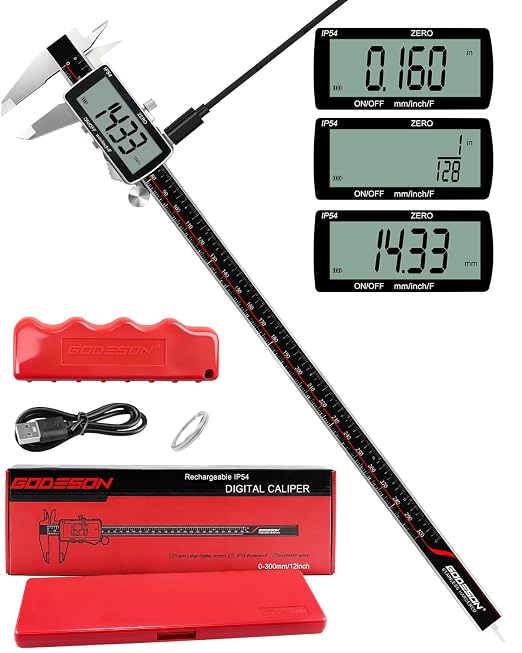 Digital Caliper 12 Inch, ±0.001" High Precision, Rechargeable & IP54 Calipers Measuring Tool, Stainless Steel Vernier Caliper 300mm with Large LCD, MM/Inch/F, Rubber Grip for 3D Printing, Machine Shop