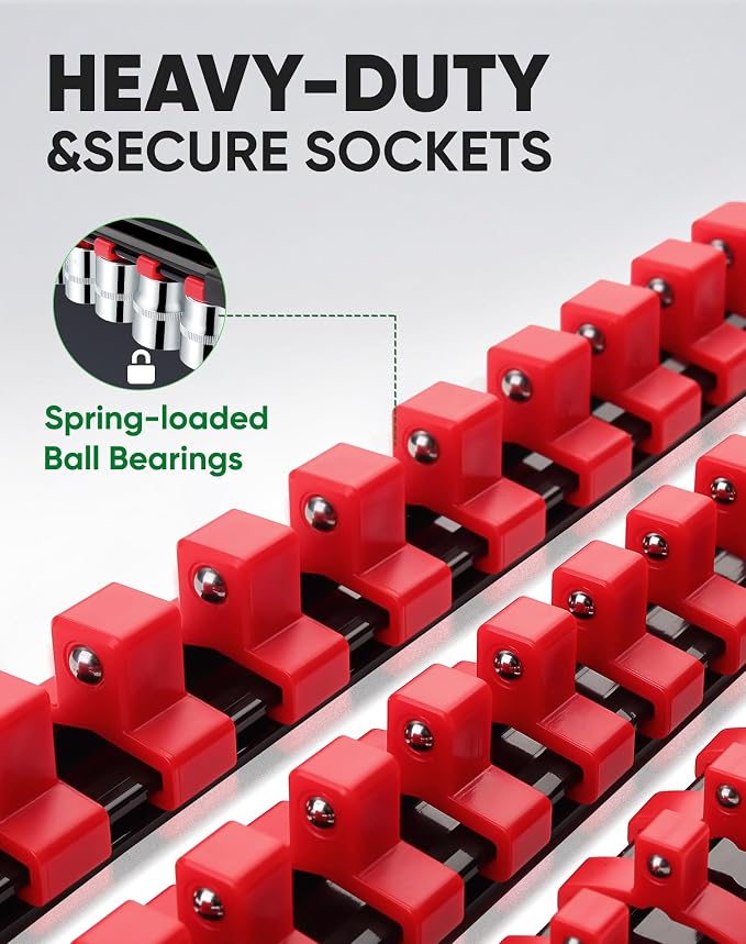 ALOANES 12PC Socket Organizer, Socket Rails Fit 1/2", 1/4" and 3/8" Drive | Heavy Duty ABS Socket Holders Hold 172 Sockets for Toolbox Drawer Bags(Red&Blue)