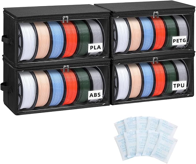 Filament Storage Box, 4 Packs Hold Up to 24 Rolls | 3D Printer Filament Storage Container with Front Support Frame, Desiccant, 3D Printer Accessories for Home, Office, Studio