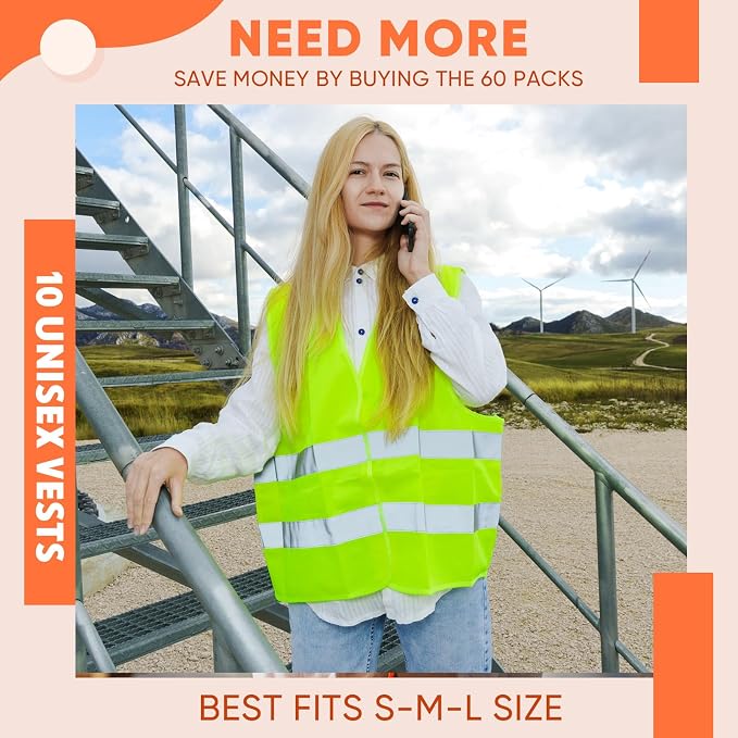 Tarpop 60 Packs Safety Vests Pack High Visibility Construction Vests Reflective Working with 2 Reflective Strips