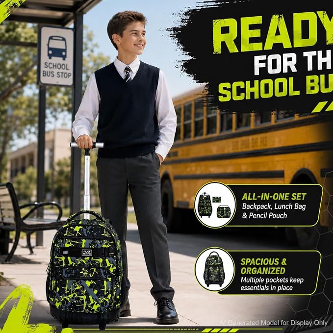 3Pcs Rolling Backpack for Boys Men, Travel Roller Backpacks with Wheels for Adults, Teens College Graffiti Wheeled Bookbag with Lunch Box(Green)