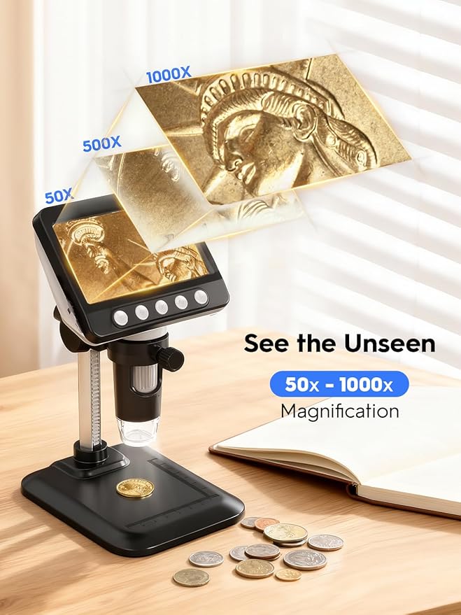 Coin Microscope, 4.3" LCD USB Digital 1000X 1080P Coin Magnifier | 8 Adjustable LED Lights, PC View Compatible with Windows/MacBook for Adults Kids