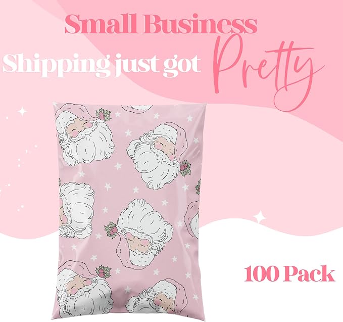 Pretty Package Store Poly Mailers 14.5x19, Pink Santa, 100 Pack | Heavy Duty, Waterproof, Self Seal, Tear Resistant, Shipping Bags for Small Business Packaging, Bulk Mailing Envelopes