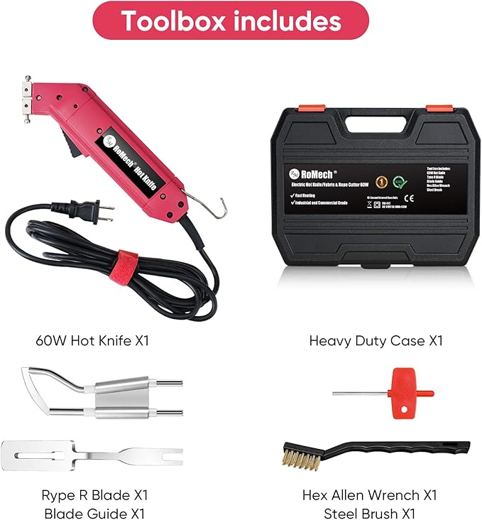 ROMECH 60W Fabric Cutter Rope Cutter, Pro Electric Hot Knife Heat Sealer with Adjustable Power, Cutting Tool Kit with Blades & Accessories (60W, RM-017)