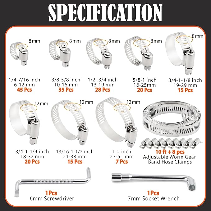 185Pcs Hose Clamps 304 Stainless Steel Assortment Kit,Adjustable 1/4"-2"(6-51mm) Worm Gear Hose Clamp For Fuel Line,Pipeline,Automotive,Radiator Plumbing,Industry,Garden