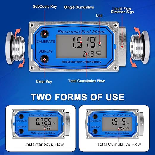 Flow Meter 1 Inche Digital Turbine Fuel Meter - Flowmeter Auto On & Off Industry Grade Aluminum Alloy - for Water, Diesel, Gasoline Supports Gallon, QTS, PTS, L, m³ (1 inch)