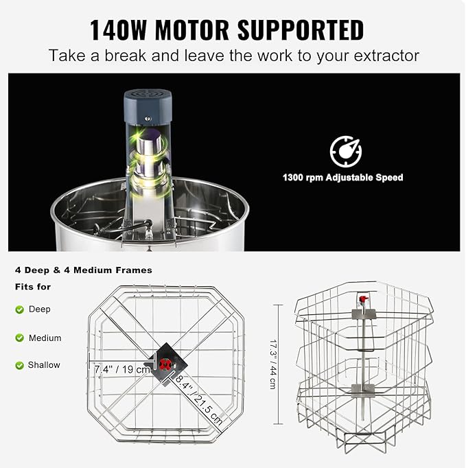 VEVOR Electric Honey Extractor, 4/8 Frame Stainless Steel Beekeeping Extraction, Honeycomb Drum Spinner with Transparent Lid, Apiary Centrifuge Equipment with Height Adjustable Stand