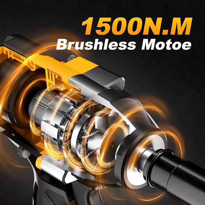 Impact Wrench 1/2 Inch, High Torque Impact Gun with 1500N·m(1100 Ft-lbs), 21V Brushless Electric Impact Wrench with 2 * 40Ah Battery, 5 Sockets for Car/Mower/Pickup/Truck RV（Amber yellow）
