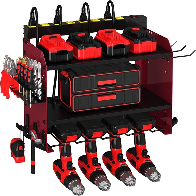 Power Tool Organizer Wall Mount with Charging Station & 8 Outlet,3 Layer Heavy Duty Metal Rack Holds 200lbs for Garage Organization,4 Cordless Drill Holders,Day Gift for Men,Dark Red
