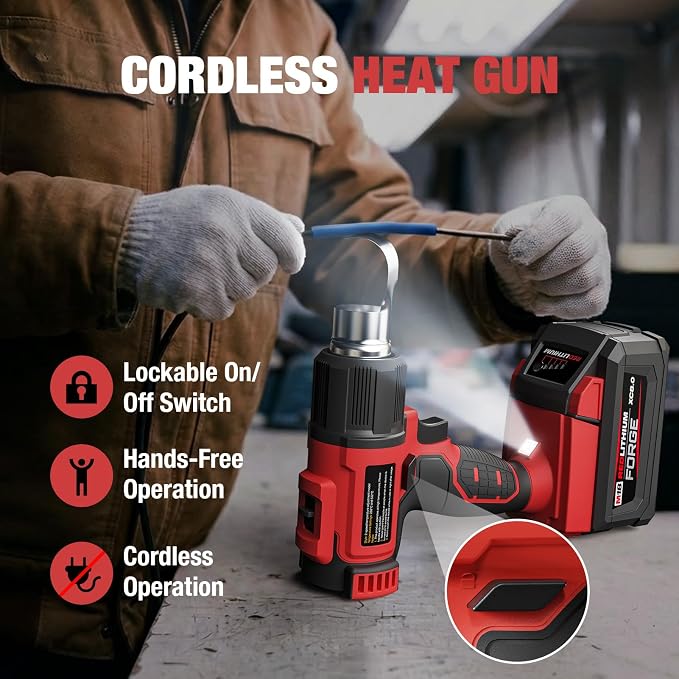 Cordless Heat Gun for Mil-waukee M-18 Battery, 7Pcs Nozzles&Scraper, LED Light, 350W Fast Heating Soldering Hot Air Gun, 2-Temp Setting Max 990℉(532℃), Heat gun for Shrink Tubing, Crafts (Tool Only)