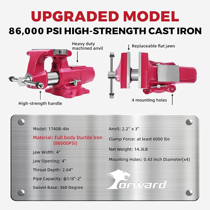 Forward Round Bench Vise 4 Inch, 1740B Economic Industrial Vice PRO with 360° Swivel Base, 4" Jaw Width, 4" Max Jaw Opening, 2-5/8" Throat Depth, 86,000PSI Ductile Iron