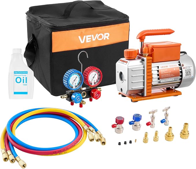 VEVOR AC Vacuum Pump and Gauge Set, 3.5 CFM 1/4 HP, Single Stage Rotary Vane HVAC Vacuum Pump, A/C Manifold Gauge Kit, for R134a R22 R410a R1234YF R32, with Carry Bag, for Auto HVAC Air Conditioning