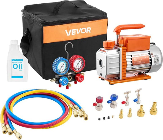 VEVOR AC Vacuum Pump and Gauge Set, 3.5 CFM 1/4 HP, Single Stage Rotary Vane HVAC Vacuum Pump, A/C Manifold Gauge Kit, for R134a R22 R410a R1234YF R32, with Carry Bag, for Auto HVAC Air Conditioning