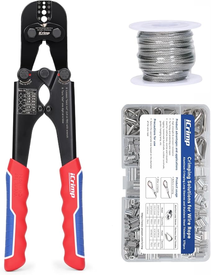 iCrimp 1608MC 2-In-1 Wire Rope Crimping Tool Kit with Built-In Cable Cutter, 4 Die Slots 3/64" to 1/8", Includes 15M Wire Rope, Aluminum Loop Sleeves & Stainless Steel Thimbles