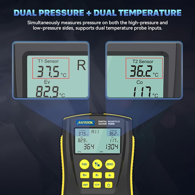 AUTOOL Digital Manifold Gauge HVAC, AC Dual Pressure & Temperature Test, 92 Refrigerant Refrigeration Gauge with Vacuum/Leak Test, LCD Backlight Temp Clamps (LM120)
