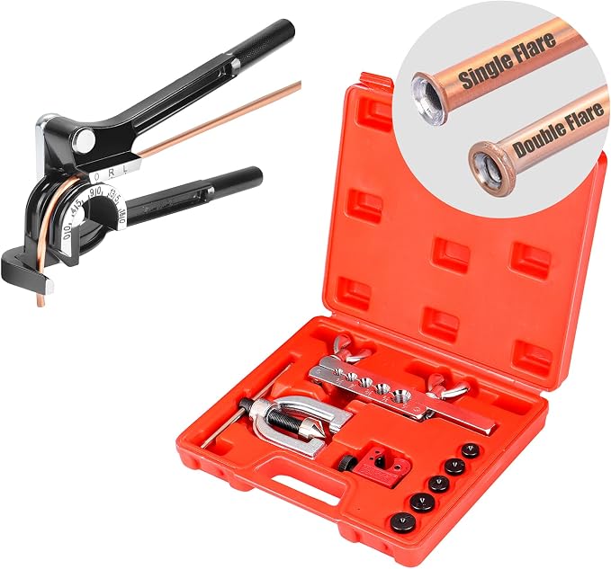 Flaring Tool + Tube Bender - Double & Single Tubing Flaring Tool Repair Kit with Tube Cutter and 5 Adapters + 3 in 1 Pipe Bender Compatible with Copper、 Aluminum、 Brass、 Magnesium and Soft Steel