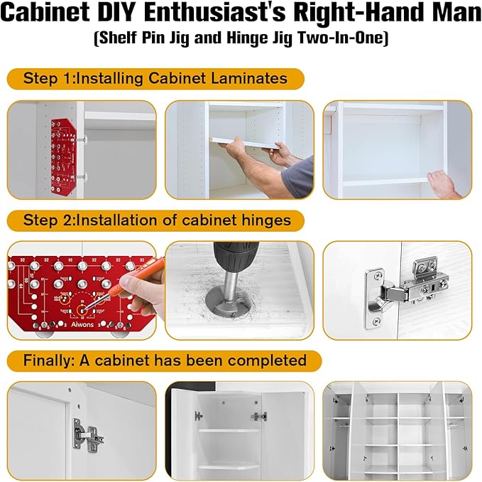 Shelf Pin Jig and Hinge Jig 2-in-1 - Aluminum Alloy Cabinet Hole Drilling Template For Woodworking - Shelf Pin Drilling Jig with 1/4" and 5mm Drill Bits - Concealed Hinge Jig for Cabinet Doors