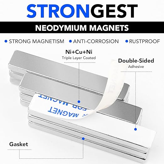 DIYMAG Neodymium Strong Magnets，8 Pcs Magnet Strip for Fridge Craft Silver | 60x10x5 mm Heavy Duty Rare Earth Magnetic Tape with Adhesive Backing on Shower Door Refrigerator Whiteboard Cabinet