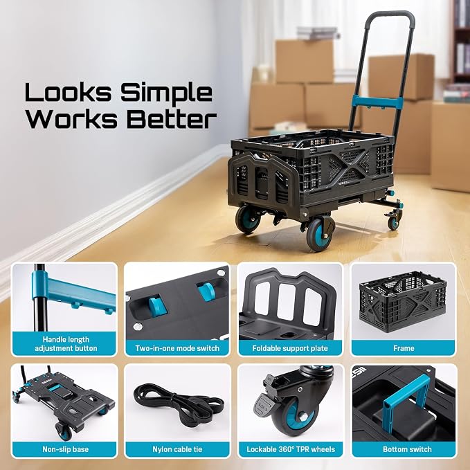 SEESII Foldable Dolly Cart with Folding Basket, 330 lbs Max Capacity Portable Hand Cart, 2-in-1 Heavy Duty Folding Hand Truck with Adjustable Retractable Handle for Moving, Delivery, Warehouse Use